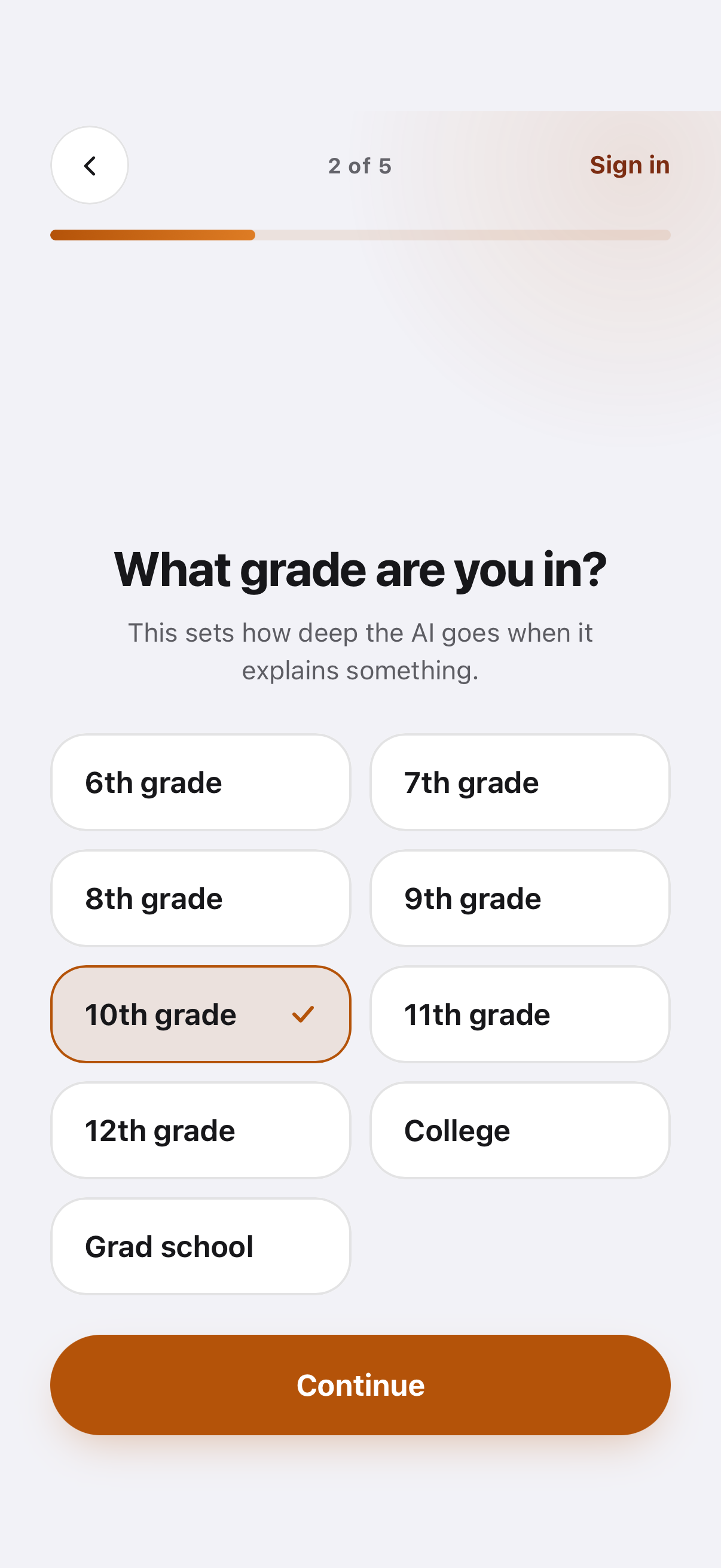 Inkly asking which grade you are in, with options from 6th grade to grad school.