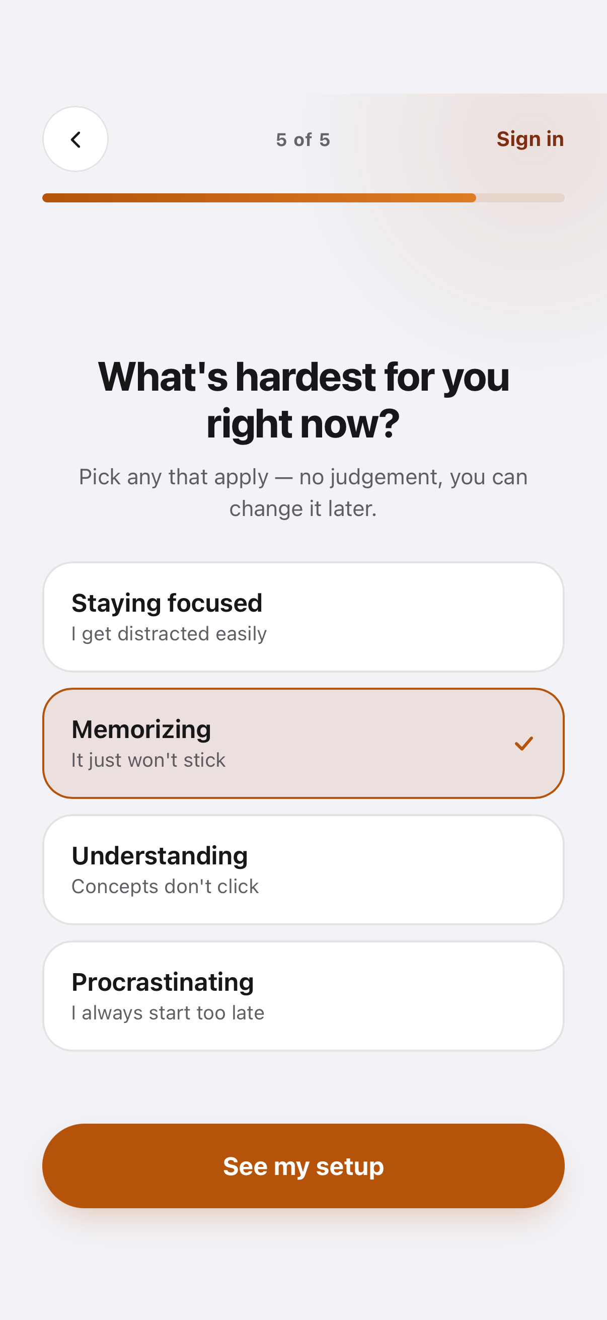 Inkly asking what is hardest right now, with options including staying focused, memorizing, understanding and procrastinating.