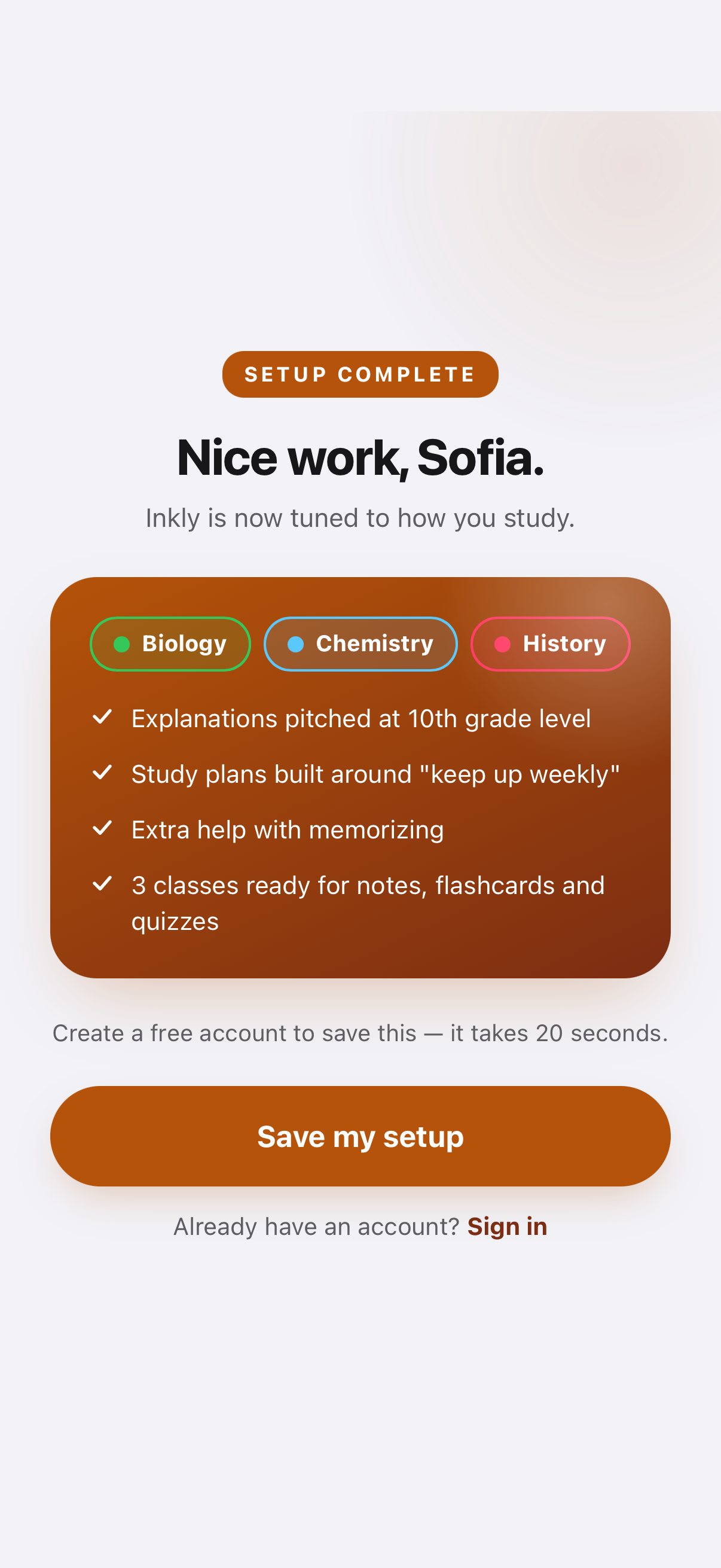 Inkly setup complete screen listing the chosen classes and study preferences.