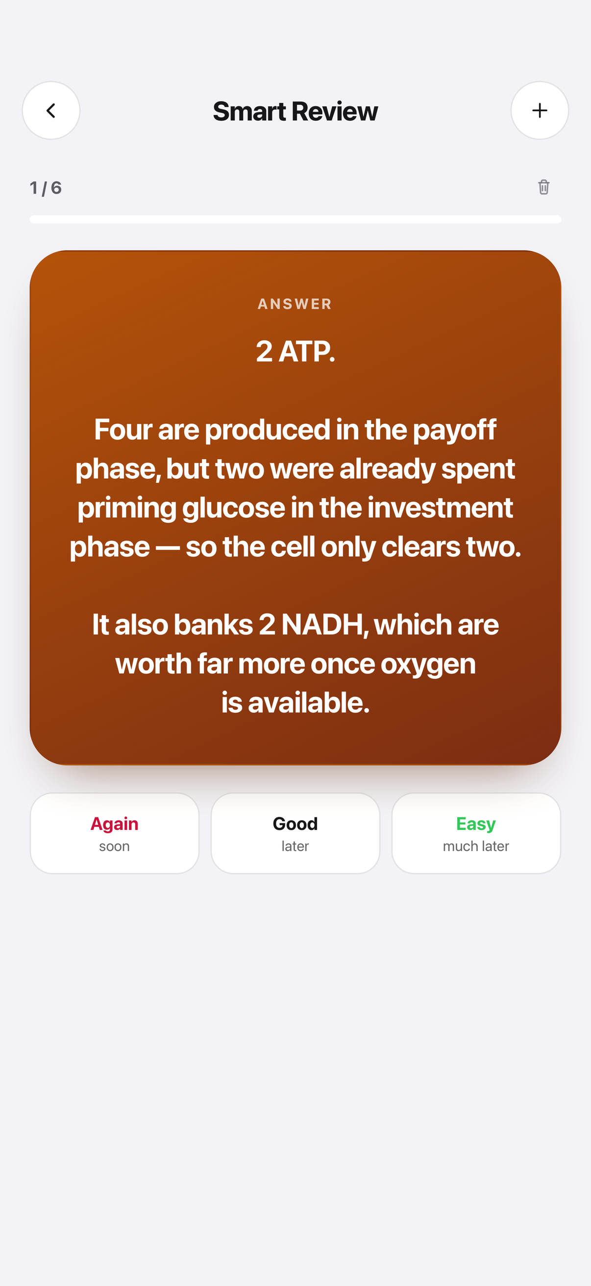 An Inkly flashcard made from a scanned Biology page, showing the answer 2 ATP with an explanation, and Again, Good and Easy buttons to rate how well you knew it.